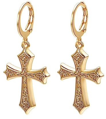 Asienice Goldene Gothic Kreuz Ohrringe für Herren Goldene Creolen 14 Karat Vergoldet Hypoallergene Knorpel Ohrhänger für Männer Schmuck