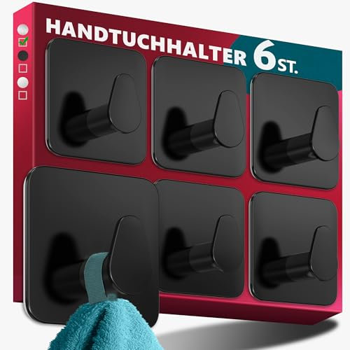 Menz Handtuchhalter ohne Bohren Edelstahl, 6er Set - Wasserfeste Badezimmer Handtuchhalter in Schwarz, ovale Klebehaken fürs Bad, Haken selbstklebend als funktionale Handtuchhaken