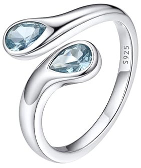Bestyle Daumenring Damen Silber 925 Offen Verstellbare Ring Blaue Stein Einfacher Ring Teardrop Chunky Rings Silver Frauen Stressring mit Geburtsstein Aquamarin
