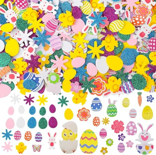 300 Stück Moosgummi Aufkleber Ostern, Bunt Selbstklebend Dekoration Sticker, Glitter Schaumstoff Sticker Kinder, Osterei Kaninchen Scrapbooking Basteln, für Osterfeier Geburtstag Party Heimdekoration