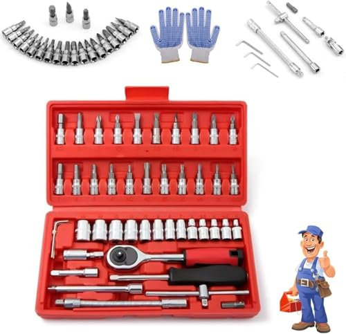 Cordless Electric Slim Ratchet Set, Vessel Electric Ratchet, Slim Rechargeable Ratchet, Power Ratchet Wrench Kit, with 46 Piece 3/8 Drive, 1/4-Inch Adjustment Tools (RED)