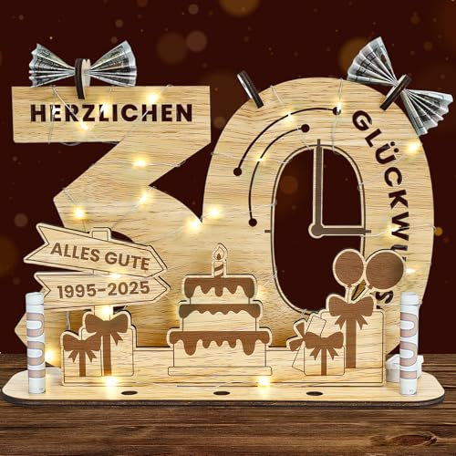 Belillpipi 2025 Originelle 30 Geburtstag Deko Geburtstag Holz mit LED, Frauen & Männer Geldgeschenke Geburtstag Pixel Retro Holz-Schild Gästebuch für Geschenke, Partys, Geburtstage, Jubiläum