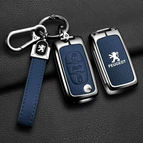 QYPLKJHG Coque de Clé de Voiture pour Peugeot RCZ 2010-2013, Housse de Protection Coque Clé avec Porte-Clés Coque Boîtier Clef de Telecommande Cuir Étui de Clé Carte Auto Accessoires,D-Blue 1