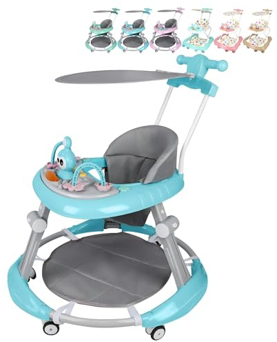 XUANYU Lauflernhilfe für Babys mit Sonnendach, Griff, abnehmbarer Spielstation, Essbereich, bequemer Sitz und Bremsen, faltbar, Kinderwagen für 6-36 Monate, Jungen und Mädchen (Blau I)