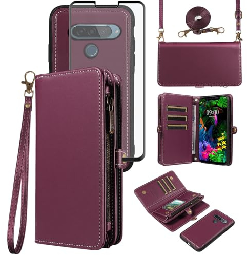 Asuwish Handyhülle für LG G8s ThinQ Hülle mit Band Folie Schutzfolie Kartenfach Klappbar Leder Blumen Geldbörse Ständer G 8s LMG810 Reißverschluss Wallet Handy Hüllen Schutzhülle Phone Case Dunkellila
