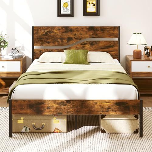 COSTWAY Single/Double/King Size Bed Frame, Industrial Metal Platform Bed Frame with Wood Headboard, Footboard and Underbed Storage, Metal Slats Support Mattress Foundation, Rustic Brown (4FT6 Double)