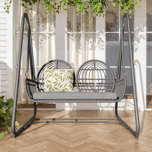 Gartenschaukel mit Rückenlehne, Gartenmöbel-Set für den Außenbereich, Doppelschaukel aus PE-Rattan, 2 Sitze, Stabiler Rahmen und weiches Sitzpolster (Dark Gray)