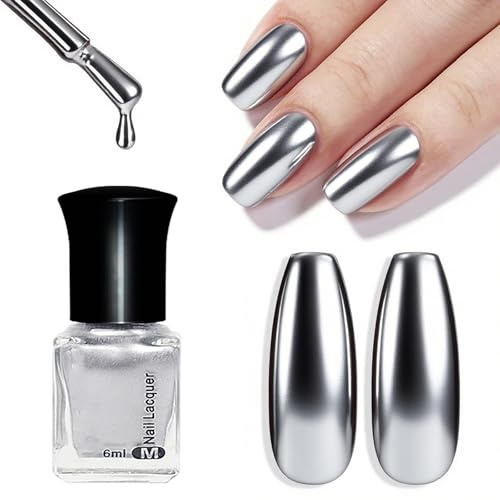 Silver Nail Polish, Mirror Effect Metallic Nail Polish for Daily & Party Use, Chrome Nail Varnish with Smooth Application, 60 Second Mirror Nail Warnish Quick Dry&Long Lasting, Nail Art Home Manicure