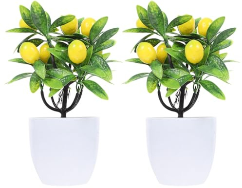 OUFGXZL Lot de 2 citronniers artificiels, Petit citronnier de 24 cm en Pot avec Feuilles Vertes, Faux Arbre fruitier for décoration de Cuisine, Fournitures de fête Limonade