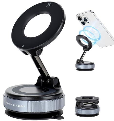 Axrye Magnetique Vide Porte Telephone, Pliable Porte Telephone Voiture pour Mag-Safe Réglable à 360° avec Forte Aspiration Ventouse pour Voiture/Salle de Sport/Miroir/Douche pour iPhone et Android