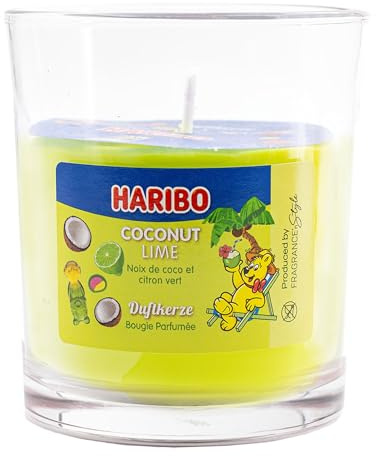 HARIBO™ Duftkerze Coconut Lime, Paraffinwachs, HxD: 8,5 x 7,5 cm, Kerze im Glas, Aromakerze, Geschenkidee, gelb