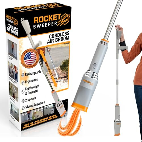 Rocket Sweeper - Escoba de aire inalámbrica, barredora de energía ligera recargable para interiores y exteriores, cuidado del césped, patio, entrada, césped y garaje, incluye poste ajustable, mango