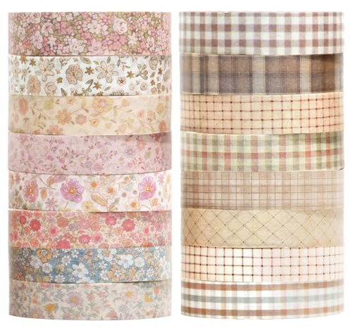 KEORHEZ 16 Rouleaux De Washi Tape Rétro, Masking Tape Scrapbooking, Ruban Adhésif Décoratif, À Carreaux Et À Motifs Floraux, Parfaits Pour Décorer Agendas, Carnets Et Albums De Scrapbooking
