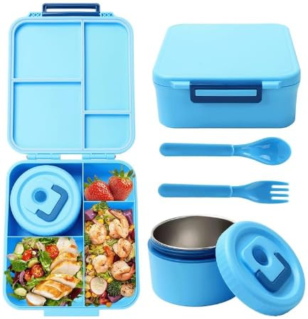 AXVRAV Lunch Box Set mit 320ml Thermobehälter für Essen, Auslaufsicher Brotdose mit 4 Fächern, Auslaufsicher Lunchbox mit Besteck, Brotbox Isolierte Lunchtasche, Thermo Lunchbox für Schule, Ausflüge