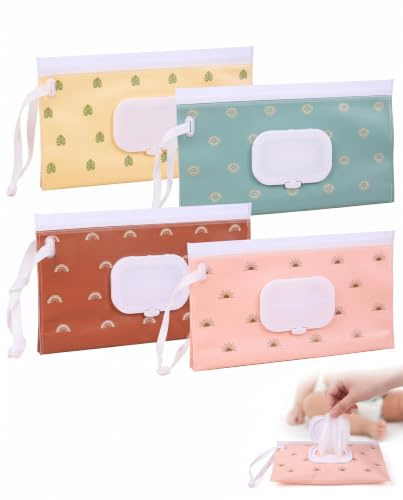 YIPFEN Sacchetti Porta Salviettine Umidificate, Set da 4 (4 Fantasie Diverse), Riutilizzabili, da Viaggio per Neonati, Pratici per Fasciatoio e Passeggino, Mantengono l'Umidità