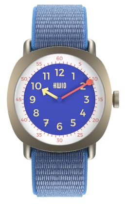 KWIO - TIKK Kinderuhr I Analoge Lernuhr für Jungen & Mädchen I Quarz-Uhrwerk I Nachtblaues Edelstahlgehäuse I Leicht zu wechselndes blau-graues Klettarmband I Wasserdicht bis 5 ATM I
