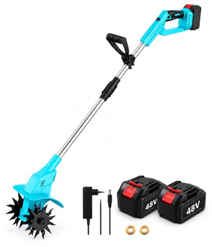 Motozappa a Batteria 48V Brushless, Motozappa Elettrica Cordless con Asta Regolabile in Acciaio Inox, Mini Motozappa da Giardino per Orto e Terreno, 2 Batterie 48V e Caricabatterie Inclusi