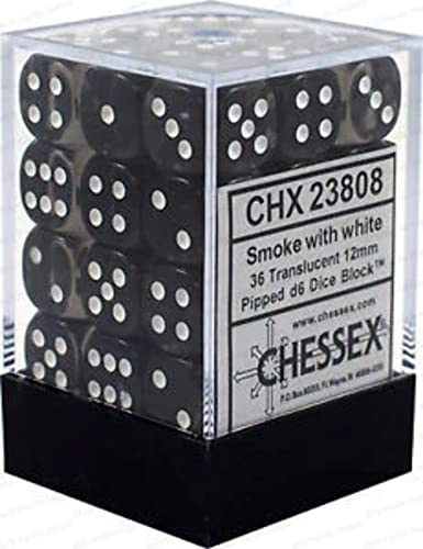 Chessex Translucent 12mm d6 with pips Dice Blocks (36 Dice) - Smoke w/White