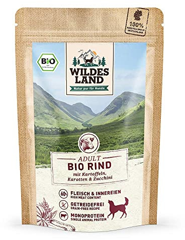 Wildes Land - Nassfutter für Hunde - Bio Rind - 40 x 125 g - Getreidefrei - Extra hoher Fleischanteil von 60% - 100% zertifizierte Bio-Zutaten - Beste Akzeptanz und Verträglichkeit