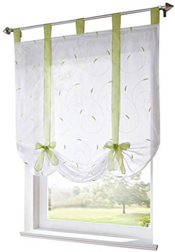 Raffrollo mit Stickerei Band Raffgardinen Voile Transparent Schlaufen Vorhang (BxH 80x140cm, Grün)