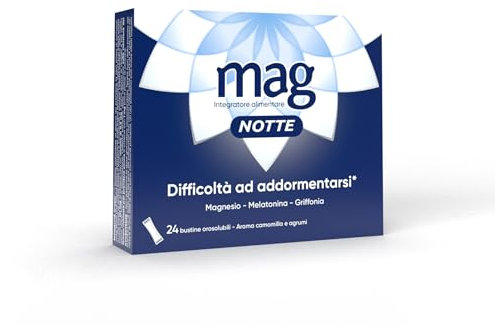 Mag Notte - Integratori per Adulti con Melatonina, Magnesio, Griffonia, L-Triptofano – Favorisce il Sonno, Riduce i Disturbi del Sonno, Senza Glutine (24 Bustine monodose aroma Camomilla e Agrumi)