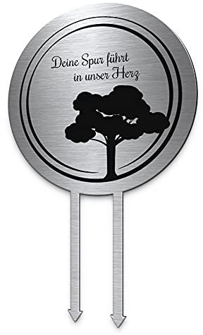 Grabstecker Kreis Edelstahl mit Baum Motiv | Persönlich gestalten mit Spruch oder Namen | Abschied von einem geliebten Menschen Grabdekoration wetterfest mit Lebensbaum