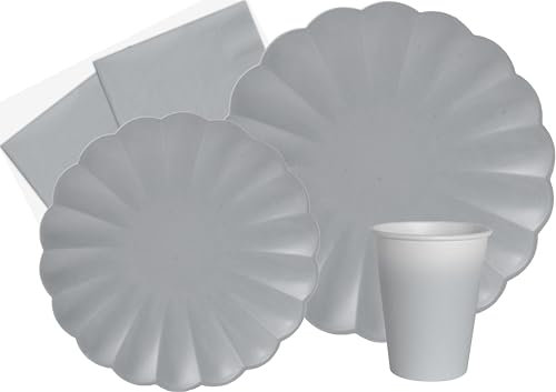 Ciao Kit Vajilla de Fiesta Flower Shape para 24 personas (112 pcs: 24 platos Ø23cm, 24 platos Ø18cm, 24 vasos 250ml, 40 servilletas 33x33cm) de papel compostable eco-friendly, gris ahumado