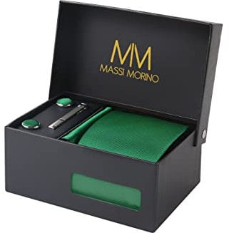 Cravate Homme Vert et mouchoirs de poche, boutons de manchette et Pinces à cravates | Coffret cadeau | Accessoires de Fete de Mariage