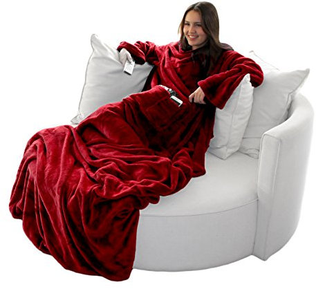 Brandsseller Flauschige TV-Decke mit Ärmeln 150x180 cm in Cashmere Feeling - Fußsack und 2 Taschen - Kuscheldecke Tagesdecke Rot