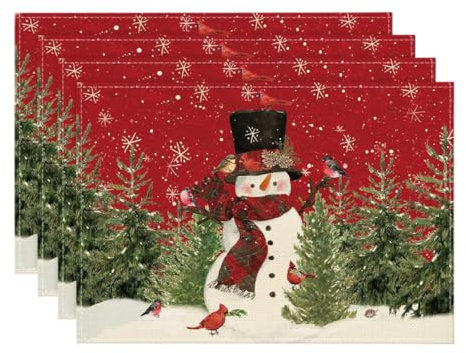 Artoid Mode Schneemann Rot Schals Kiefern Weihnachten Platzsets 4er Set, 30x45cm Urlaub Tischsets Waschbar Platzdeckchen Küche Party Deko