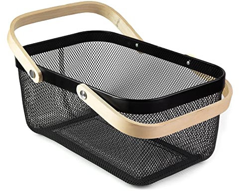 MACOIOR Portable Garden Basket-Mesh Design Natural Bamboo Handle Wire Storage Baskets,Mesh Basket with Handle Organize Items Reduce Space Occupation,Suitable for Kitchen,Garden,Picnic(Black)