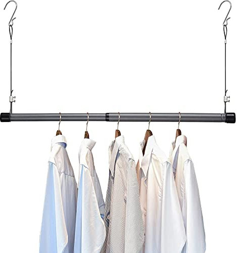FLY HAWK Hängender Kleiderstange Schrankstange,38-63cm Teleskopstange Einstellbare Hängender Klemmstange Kleiderschrank aus Edelstahl Ausziehbare Garderobenstange Spannstange für Garderobe/Silber