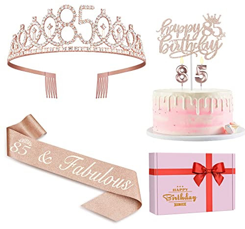 85 Geburtstag Party Dekorationen Einschließlich 85 Geburtstag Schärpe, 85 Geburtstag Krone, Zahlen 85 Geburtstag Kerzen und Cake Topper, Rose Gold 85 Geburtstag Dekorationen für Frauen