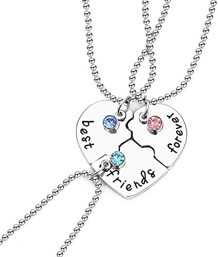 Freundschaftskette Schwestern Halskette Set Anhänger Herz Form geteilt in drei Stück Farbe Silber mit Gravur Best Friend Forever Schönes Geschenk für Freunde