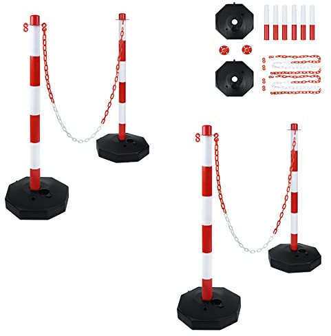 SUBTLETY 4 Pezzi Palo di Sbarramento Palo a Catena in Plastica Set di Paletti con 2x Catene in Plastica da 1,4 m Dissuasore per Vialetti, Garage e Cancelli (82x28x28cm, Rosso + Bianco)
