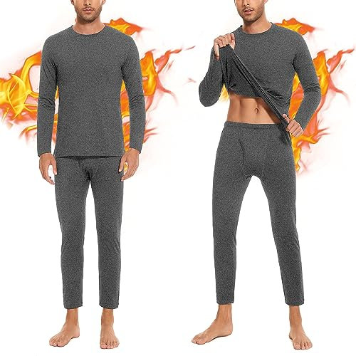SIMIYA Herren Thermounterwäsche Set, warme Unterwäsche mit Innenfleece, Ultraleicht Oberteil und Unterteil mit Eingriff Langarm Funktionsunterwäsche Rundhals Skiunterwäsche für Winter(Grau×2, M)