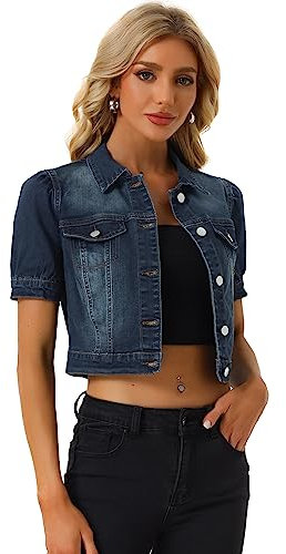 Allegra K Women's Washed Denim Jacket Button Closure Puff Short Sleeve Crop Jean Top Dark Blue XL