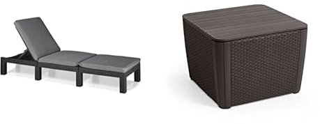 Keter Allibert by Daytona Deluxe Sonnenliege für Garten, Terrasse & Balkon mit verstellbarem Kopfteil, grau, 195x65x25,5 cm & Allibert by Gartentisch Luzon Plus Flat Wicker, Graphit, 247636