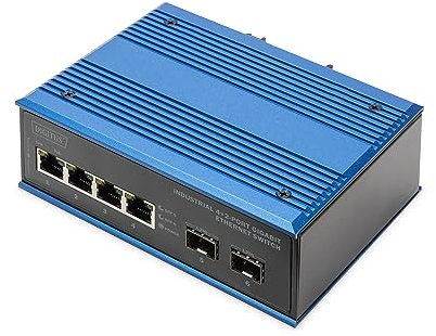 DIGITUS Netzwerk-Switch - 6-Port Gigabit Ethernet - 4X RJ45 + 2X SFP - IP40 - 10/100/1000 Mbit/s - Hutschienenmontage - Industrial Serie - schwarz/blau