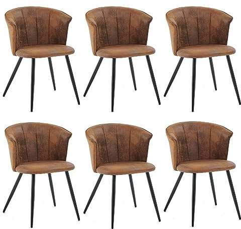 MEUBLE COSY Esszimmerstühle 6er Set Küchenstuhl Polsterstuhl mit Armlehne Sessel aus Vintage Künstlich Wildledersitz Metallbeine Braun