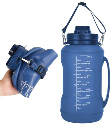 JRing Water Bottle 2L Sports Water Bottle, Time Maker Collapsible Sport Bottle with Straw and Handle for Gym Travel Hiking Camping Outdoor Cycling - Blue