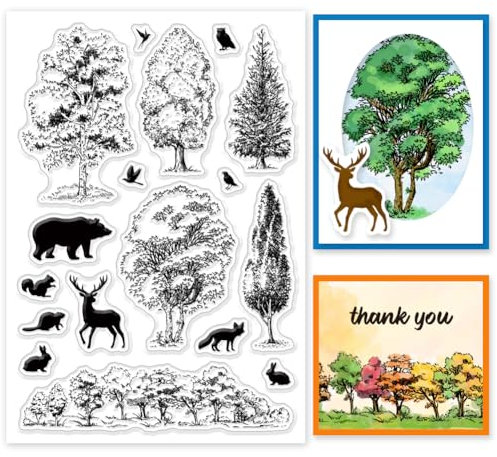 INFUNLY Waldtiere Transparente Stempel Für Die Kartenherstellung 6.3x4.3 Baum Bär Silikonstempel Elch Kaninchen Vogel Weihnachtsbaum Transparente Siegelstempel Für Dekoration Und DIY Scrapbooking Al