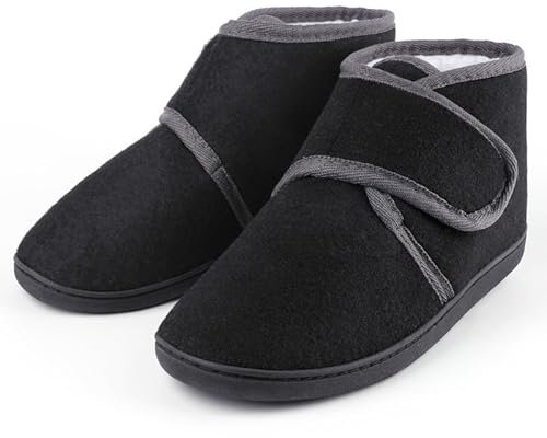 TIESTRA Warm Hausschuhe Herren Winter Lammfell Diabetiker Hausschuhe Breiter Fuß Filzpantoffeln Mit Memory Foam Sohle,Filz Herrenhausschuhe Mit Klettverschluss,Schwarz 41