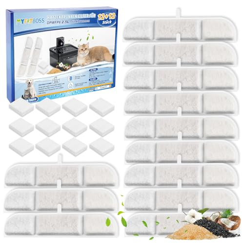 MyfatBOSS Trinkbrunnen für DownyPaws Katzenbrunnen,12 Pack Ersatzfilter Aktivkohle Medizinalstein Ionenaustauschharz für katze kabellos Filter und 12 schwämme Filter für 2.5L Trinkbrunnen (DPWFP6)