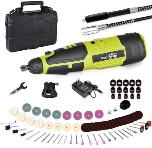 SnapFresh 12V Akku-Rotationswerkzeug-Set Multifunktionswerkzeuge, 7 Geschwindigkeiten, 28000U/min, 80+ Zubehörteile, 2 Aufsätze, Flex-Welle, 1 Stunde schnelles Aufladen zum DIY