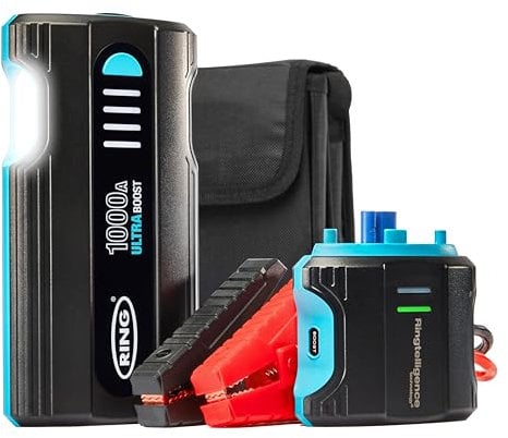 RING Ultraboost Démarreur de Batterie de Voiture 1000 A – Démarre en Toute sécurité jusqu'à 5 litres d'essence et Moteurs Diesel de 2 litres – Booster de Batterie avec câbles de démarrage, Batterie