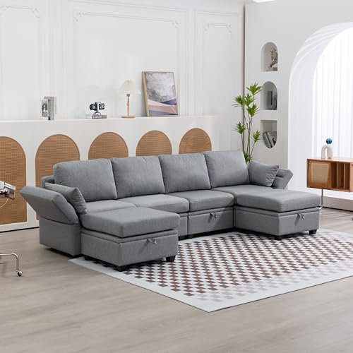 Sofa U Form, Schlafsofa mit Bettkasten, Ecksofa mit Schlaffunktion - Zum Doppelbett umbaubar, Modern Design Couch, Armlehnen faltbar Leinengewebe, Big Sofa, für Wohnzimmer, 280 cm (Grau)