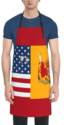 OUSIKA Delantal de la bandera de España americana para hombres y mujeres, delantales impermeables con 2 bolsillos ajustables, delantal de cocina y cocina, delantal de trabajo resistente, Negro, Talla
