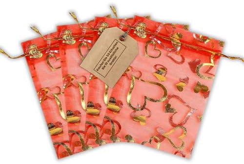 giroselle Organzasäckchen Rot-Goldherz 9x12cm-60 Stück-Gastgeschenke Hochzeit-Säckchen zum Befüllen-Kleine Geschenktüten-Kleine Tütchen für kleine Geschenke-Ideal für Geburtstag & Feierlichkeiten