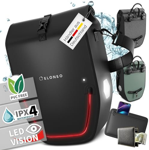 ELONEO Fahrradtasche für Gepäckträger mit LED Licht, 28L - 100% wasserdicht mit Tragegriff und Schultergurt, Fahrradtasche Gepäckträger, Fahrrad Gepäckträgertasche, schwarz